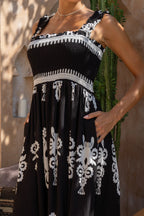 Black Abstract Square Neck Maxi Dress