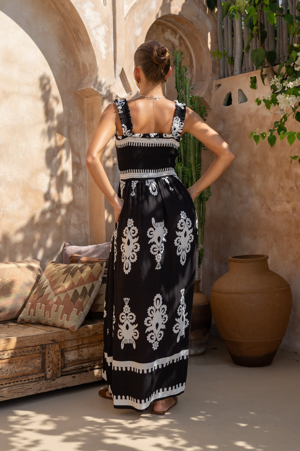 Black Abstract Square Neck Maxi Dress