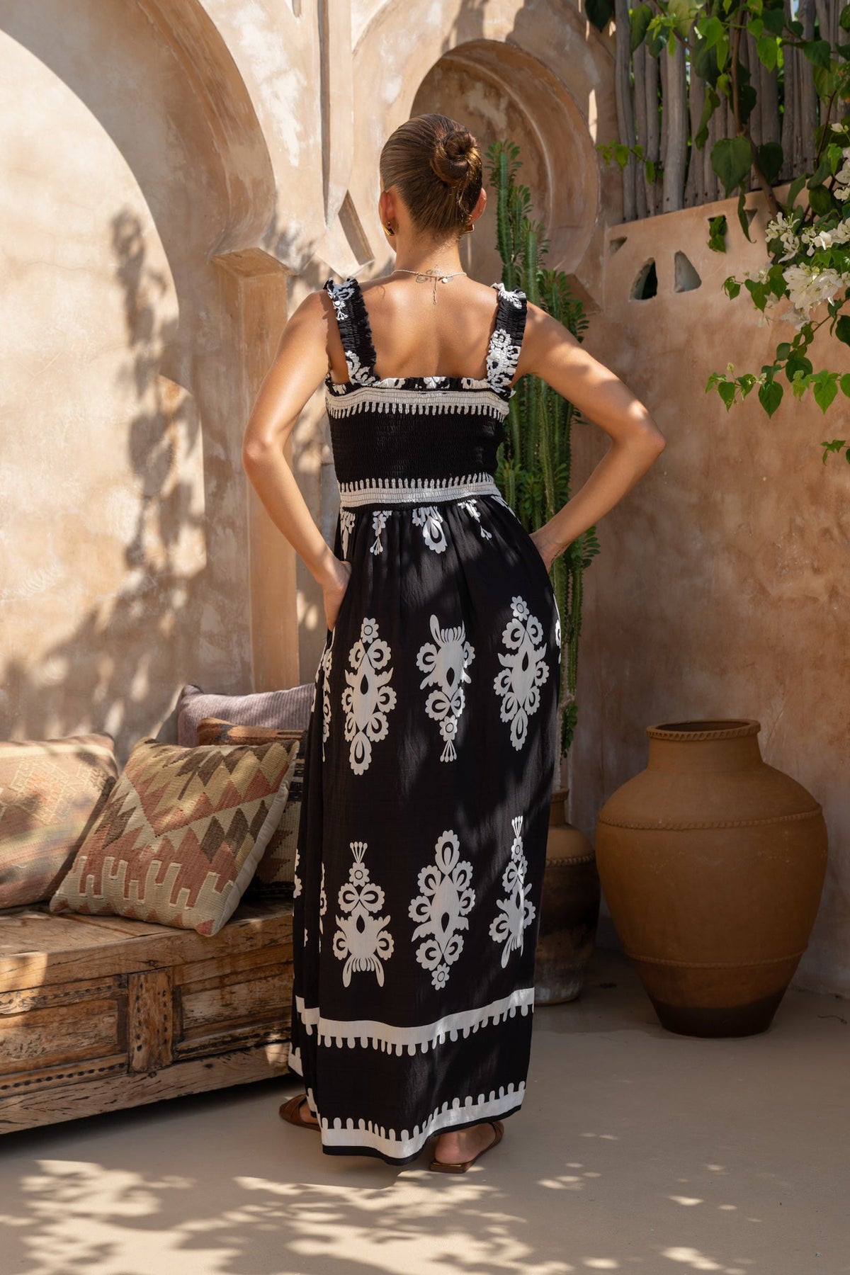 Black Abstract Square Neck Maxi Dress
