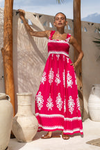 Hot Pink Abstract Square Neck Maxi Dress