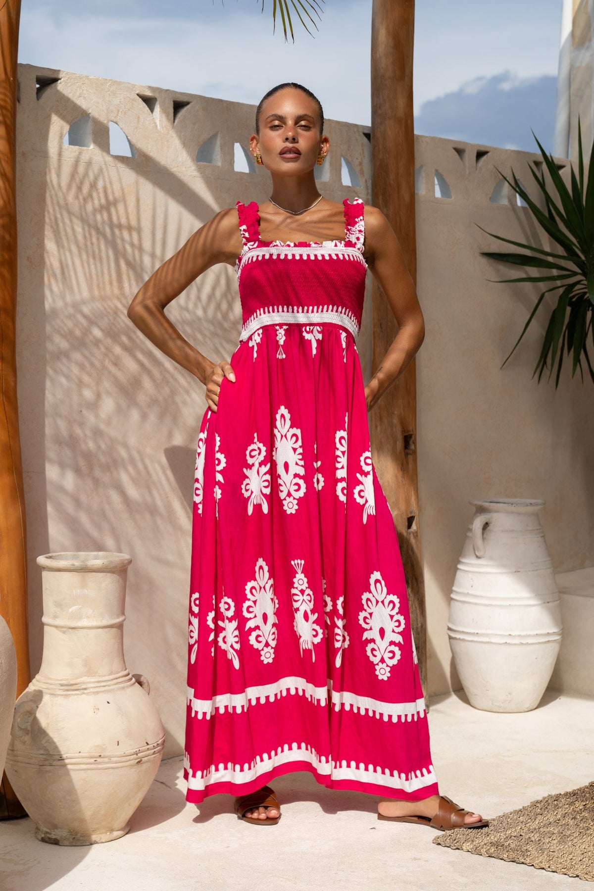 Hot Pink Abstract Square Neck Maxi Dress