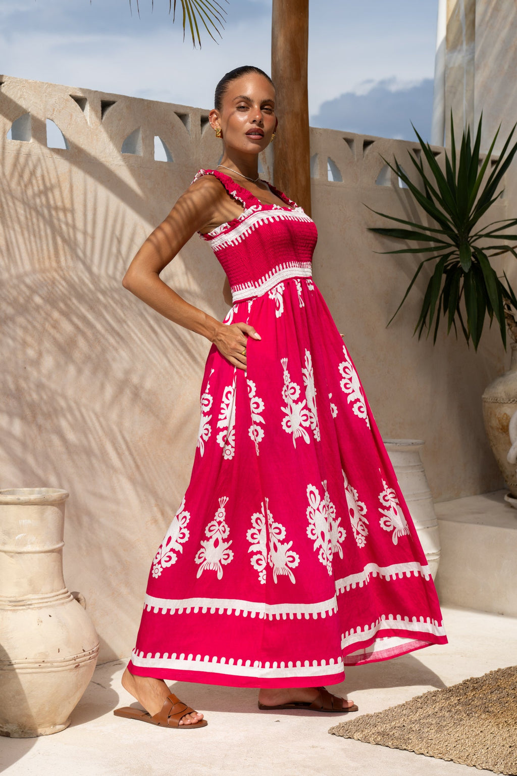 Hot Pink Abstract Square Neck Maxi Dress
