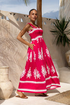 Hot Pink Abstract Square Neck Maxi Dress