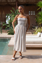 Brown Stripe Strapless Midi Dress