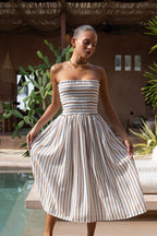 Brown Stripe Strapless Midi Dress