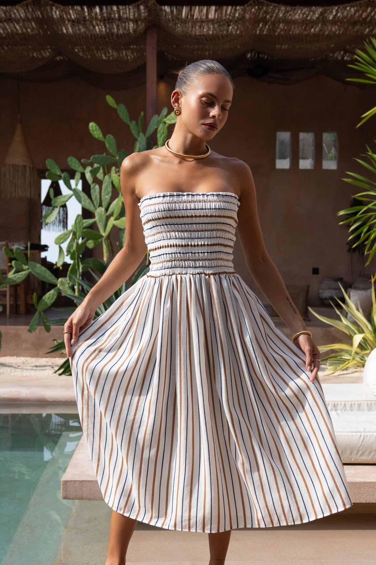 Brown Stripe Strapless Midi Dress