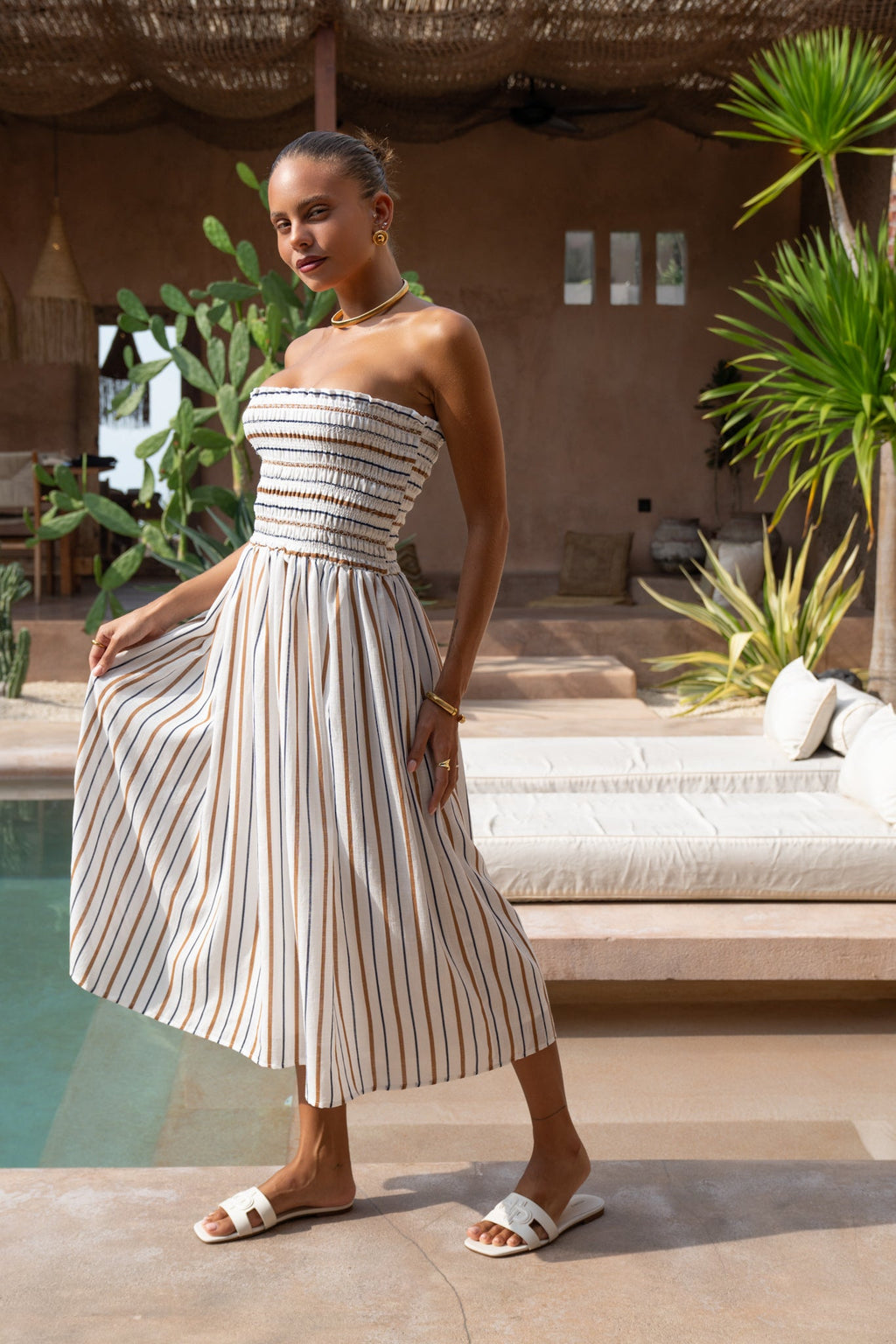 Brown Stripe Strapless Midi Dress