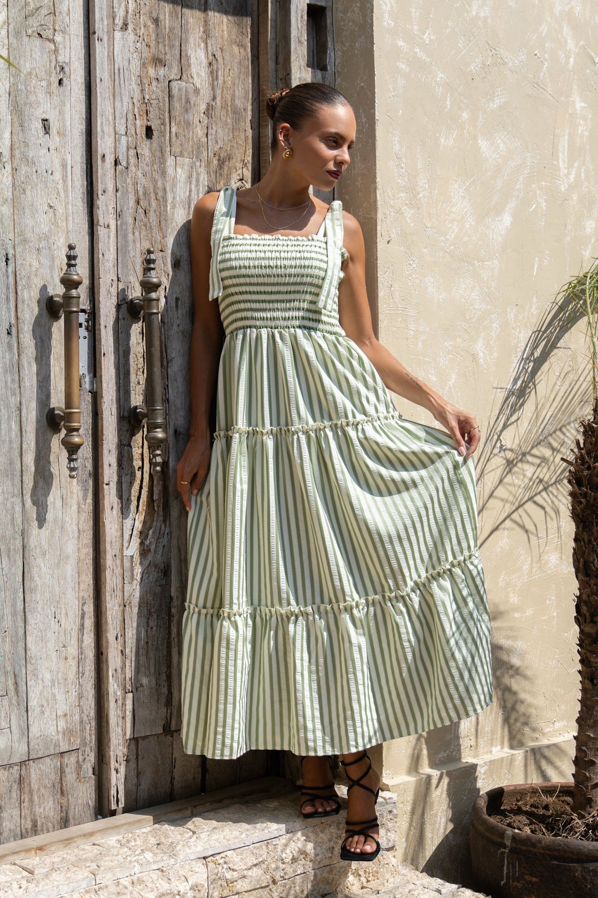 Green Stripe Tiered Maxi Dress