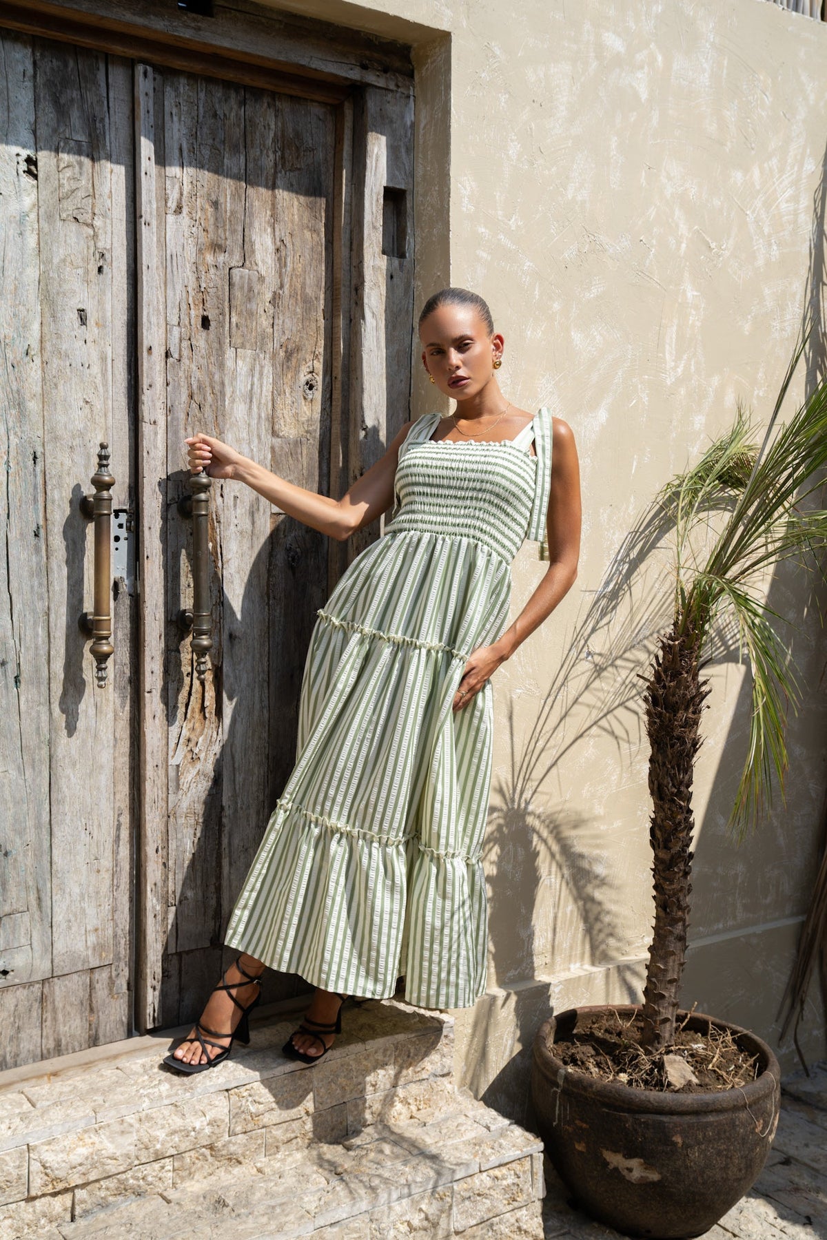 Green Stripe Tiered Maxi Dress