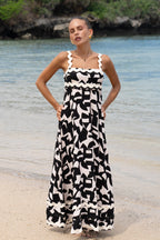 Black Abstract  Beige  Maxi Dress