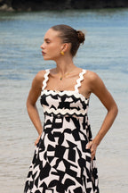 Black Abstract  Beige  Maxi Dress