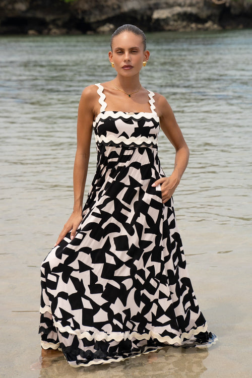 Black Abstract  Beige  Maxi Dress