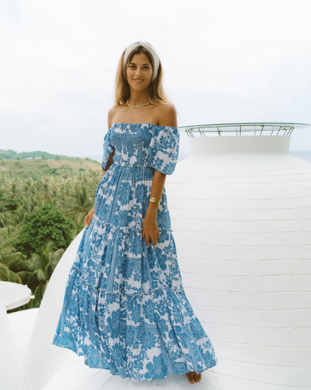Blue Floral Boho Tiered Maxi Dress