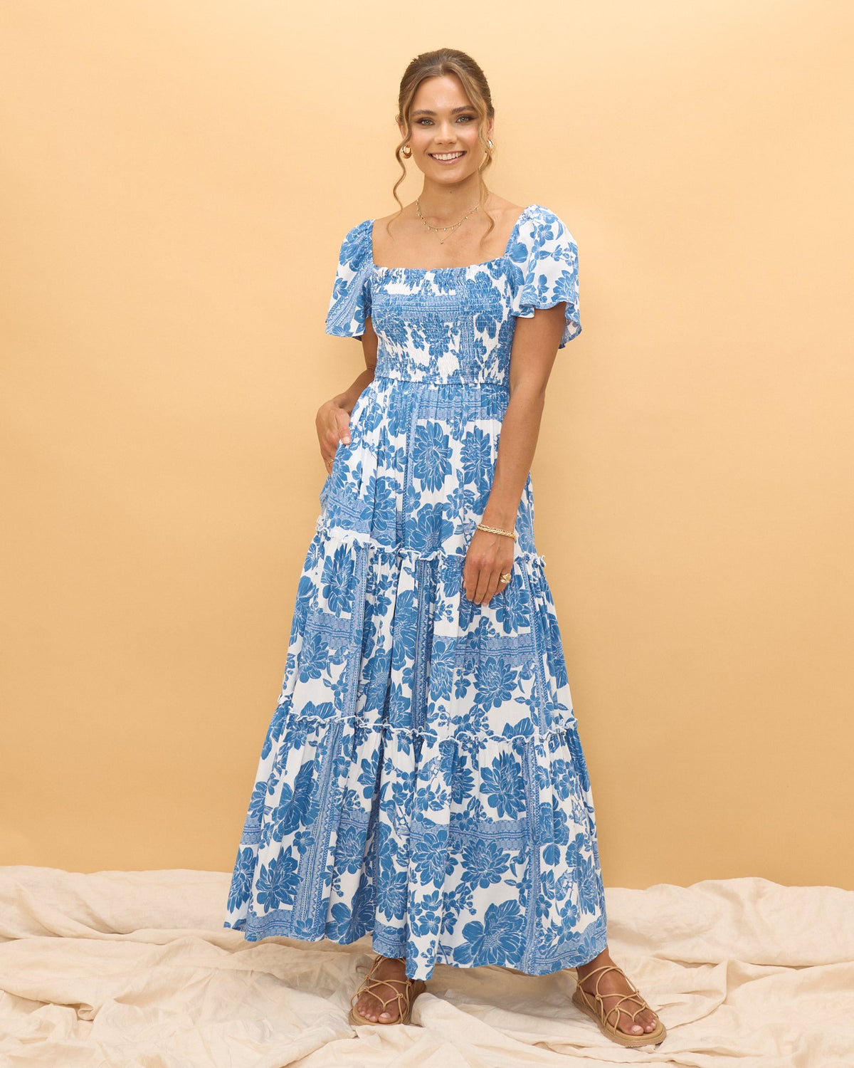Blue Floral Boho Tiered Maxi Dress