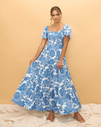 Blue Floral Boho Tiered Maxi Dress