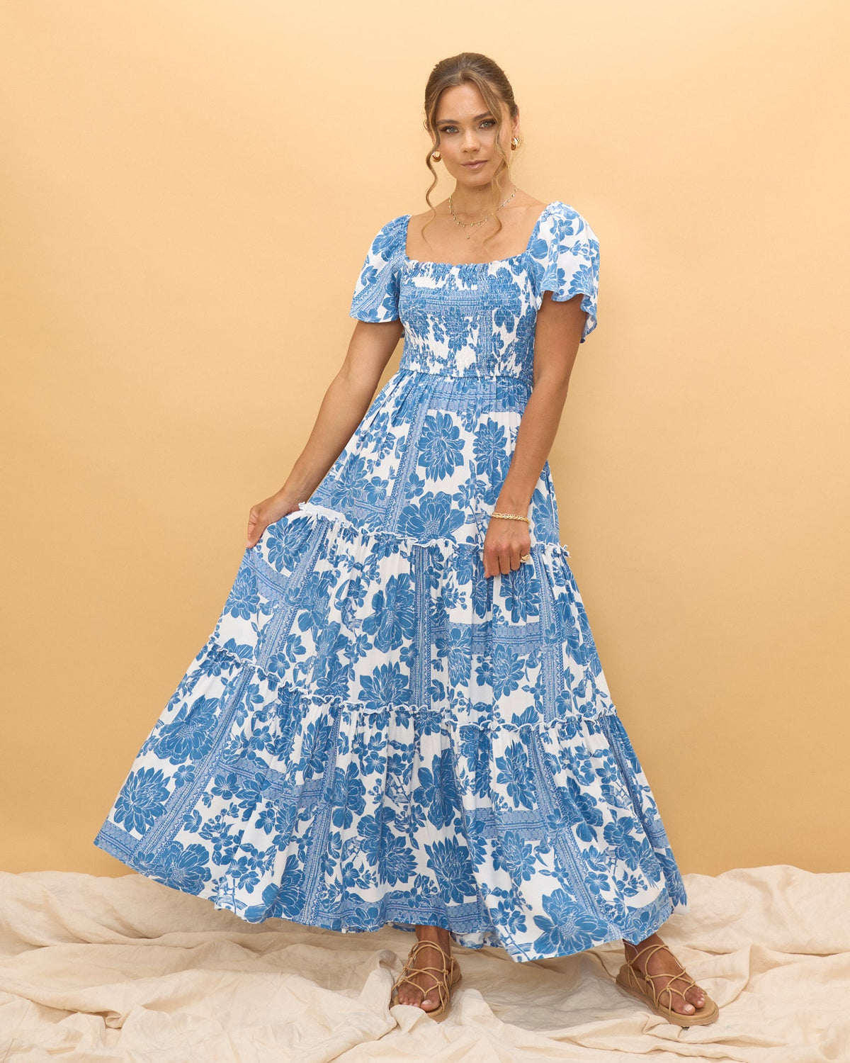 Blue Floral Boho Tiered Maxi Dress