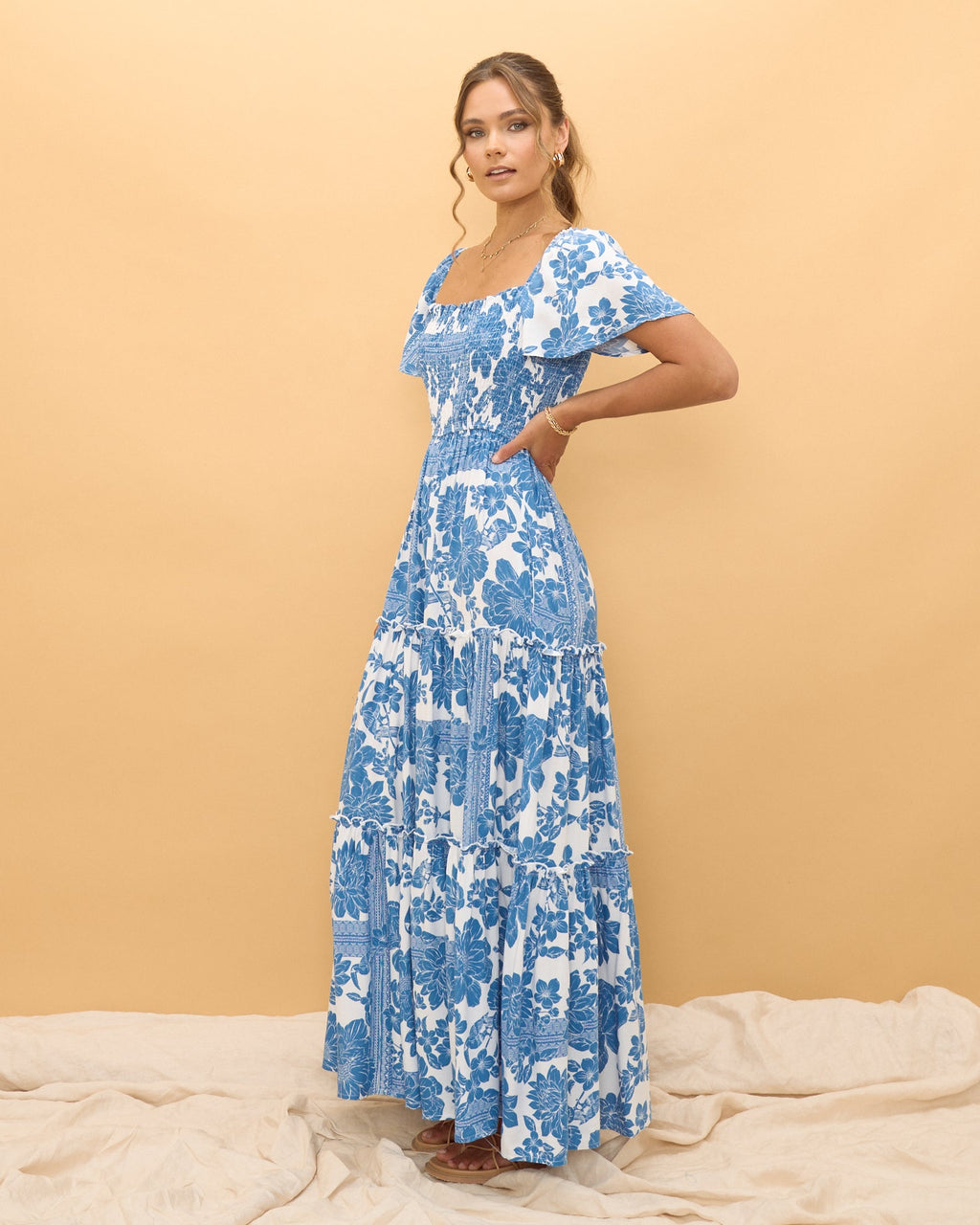Blue Floral Boho Tiered Maxi Dress