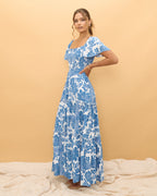 Blue Floral Boho Tiered Maxi Dress