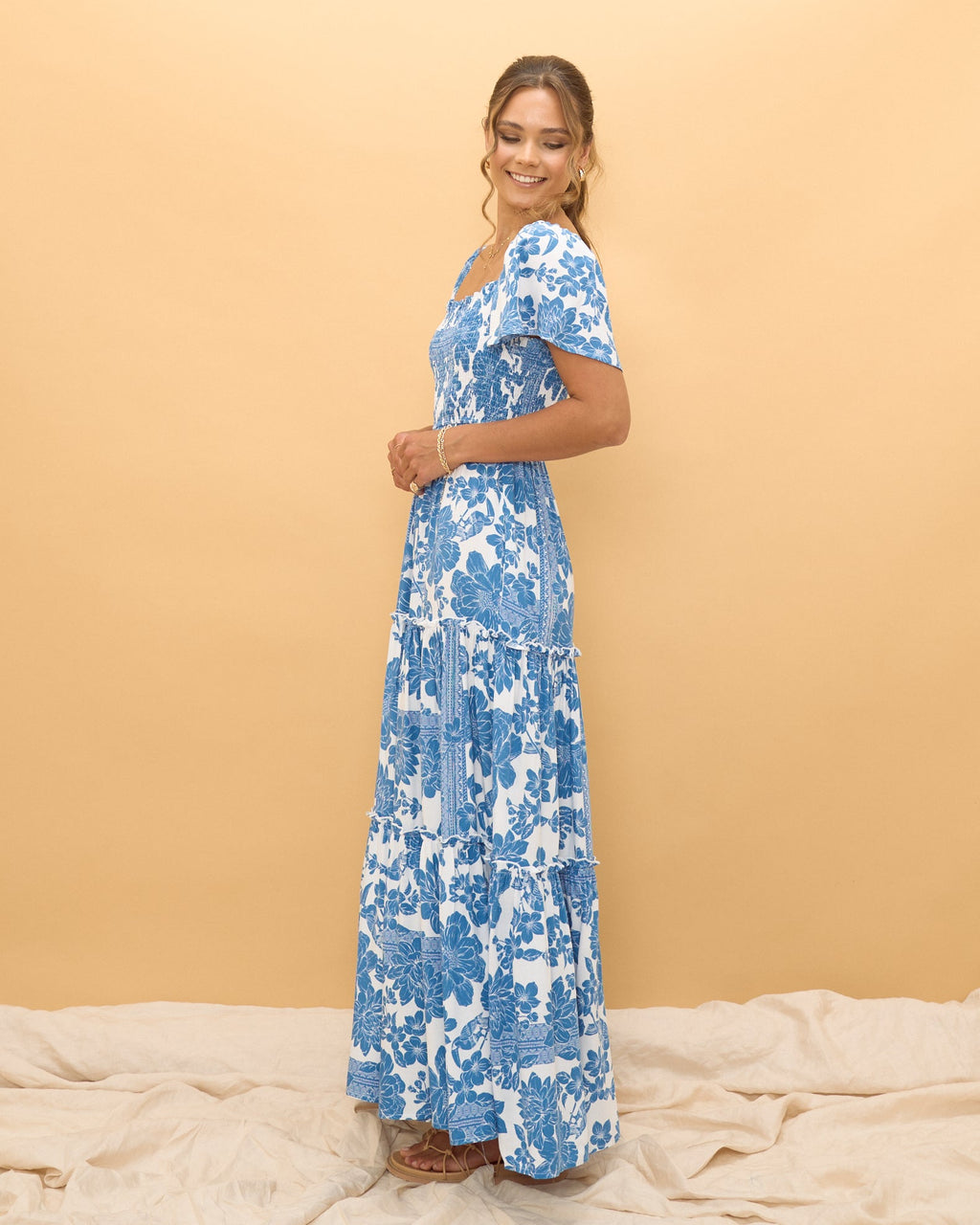 Blue Floral Boho Tiered Maxi Dress