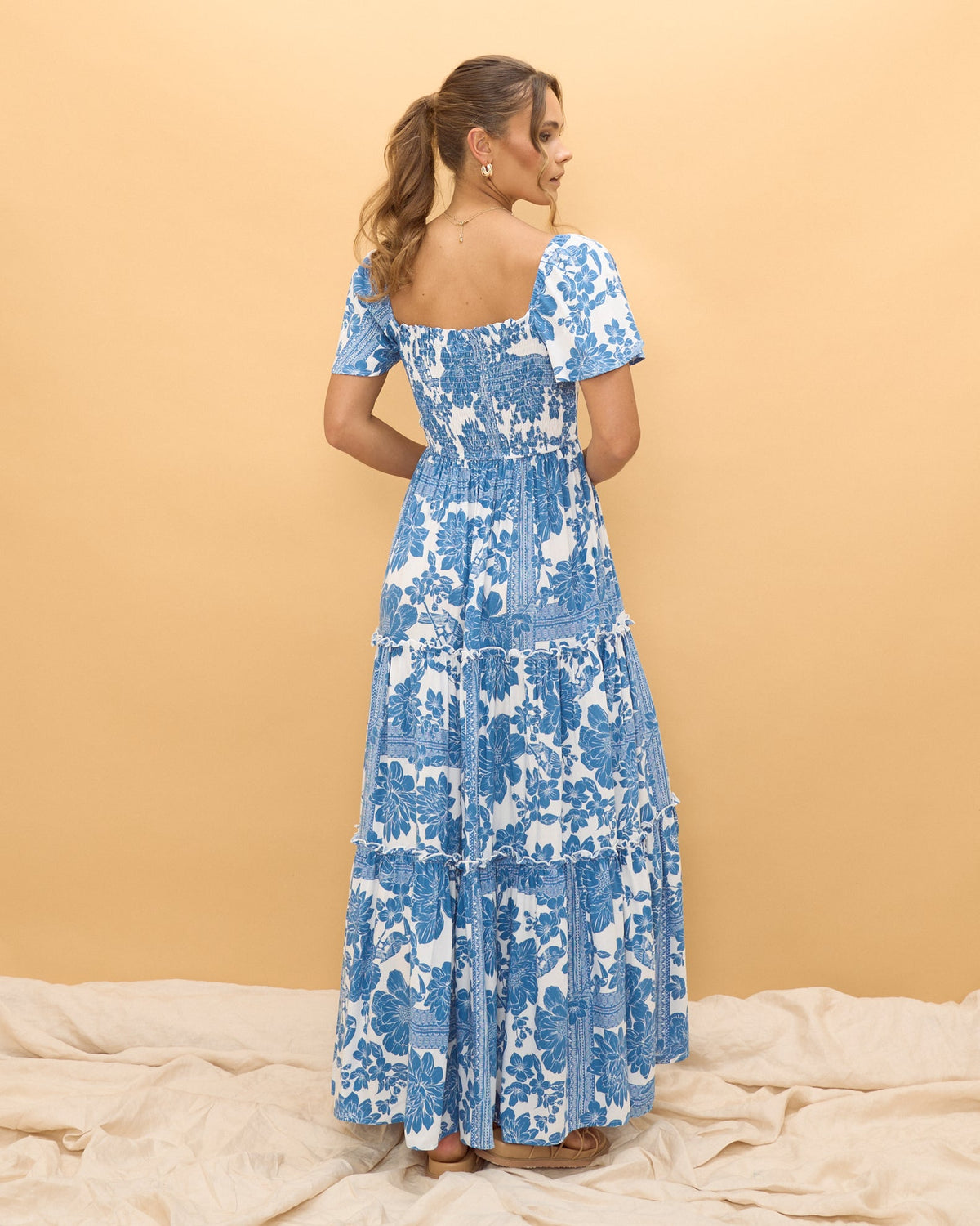 Blue Floral Boho Tiered Maxi Dress