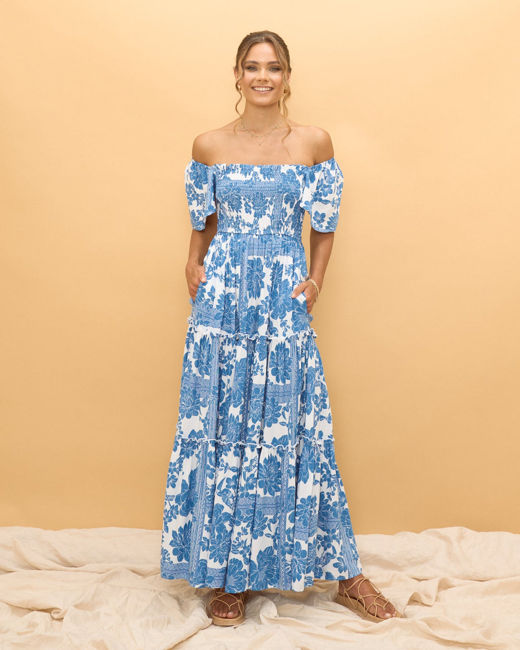 Blue Floral Boho Tiered Maxi Dress
