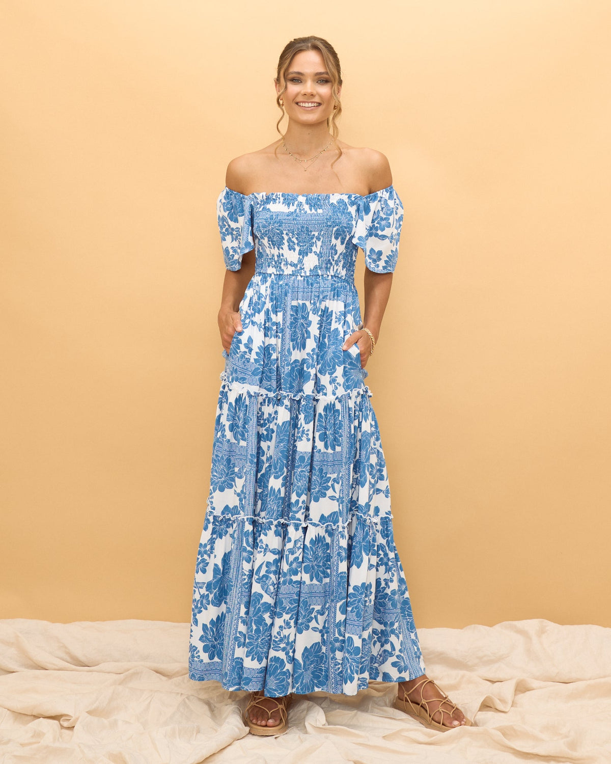Blue Floral Boho Tiered Maxi Dress