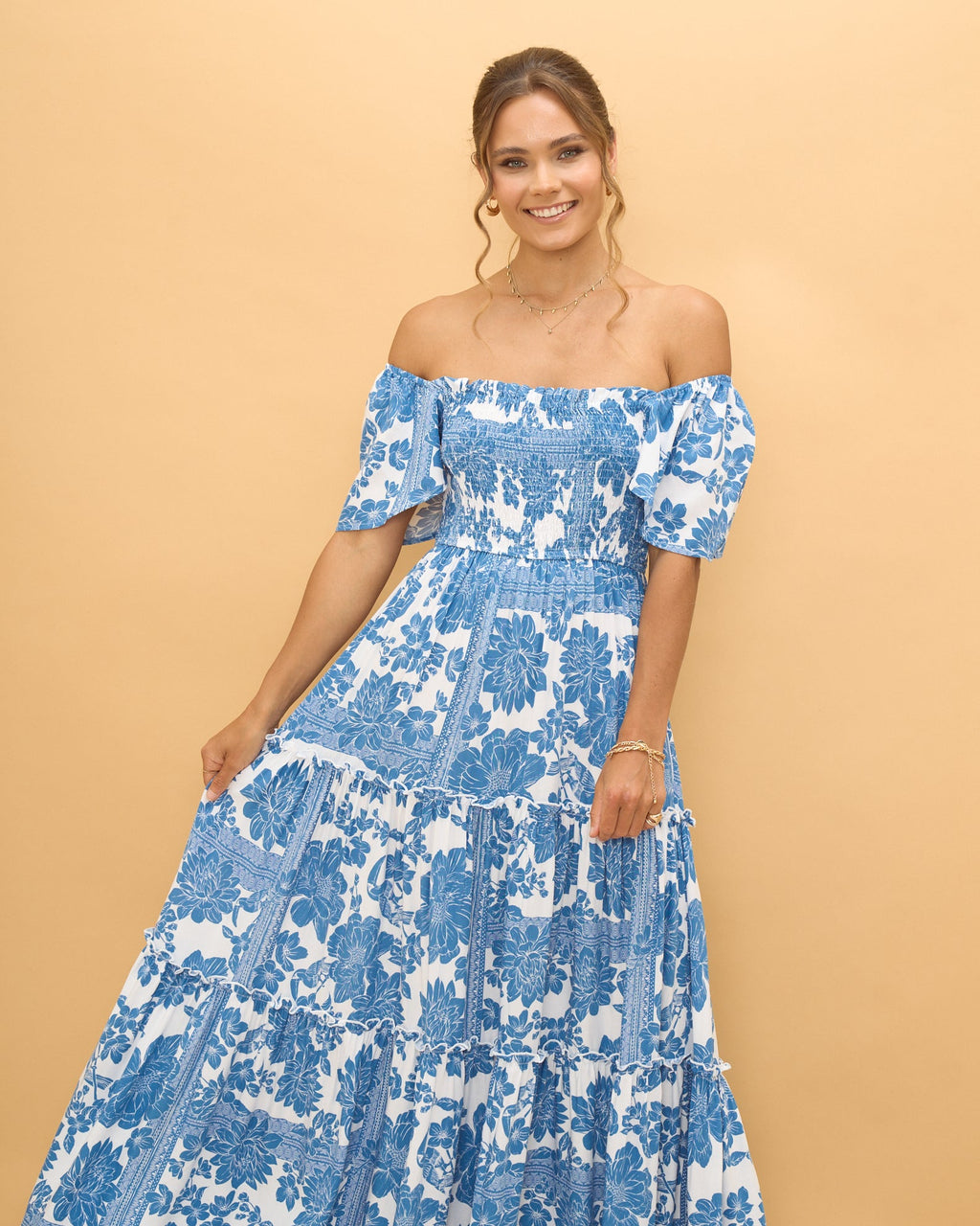 Blue Floral Boho Tiered Maxi Dress
