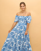 Blue Floral Boho Tiered Maxi Dress