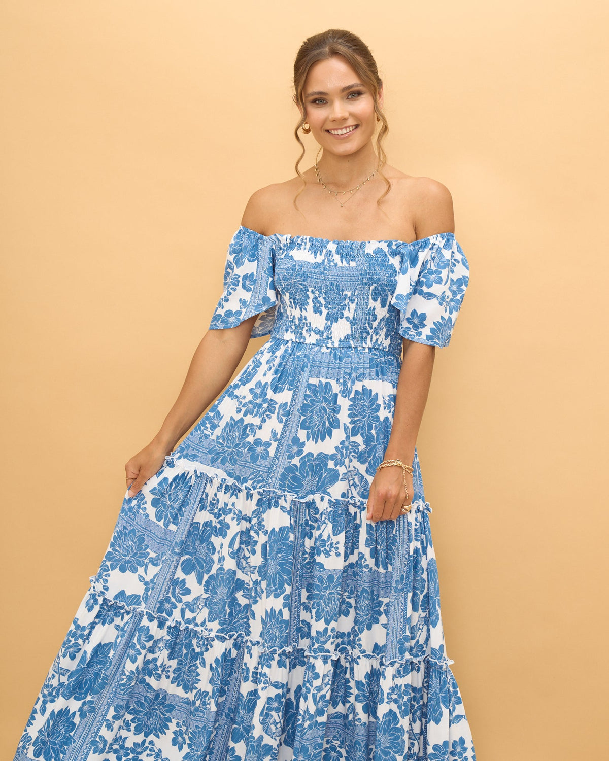 Blue Floral Boho Tiered Maxi Dress