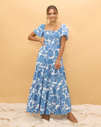 Blue Floral Boho Tiered Maxi Dress
