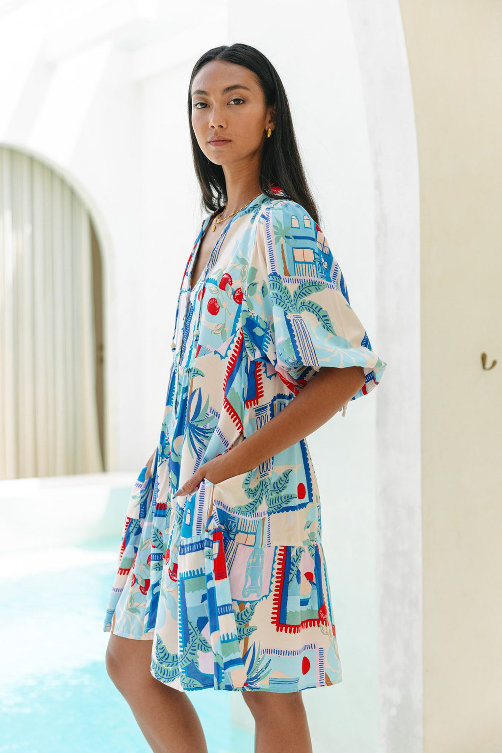 Blue Tropical Button Down Mini Dress