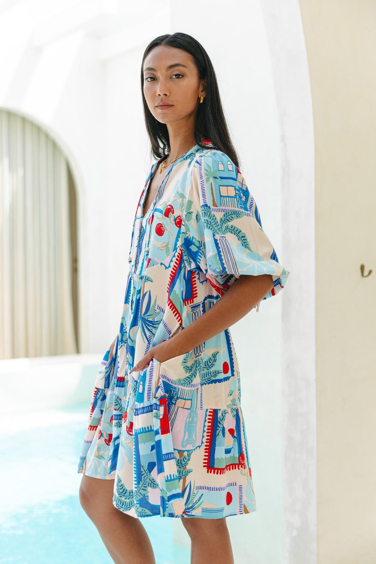 Blue Tropical Button Down Mini Dress