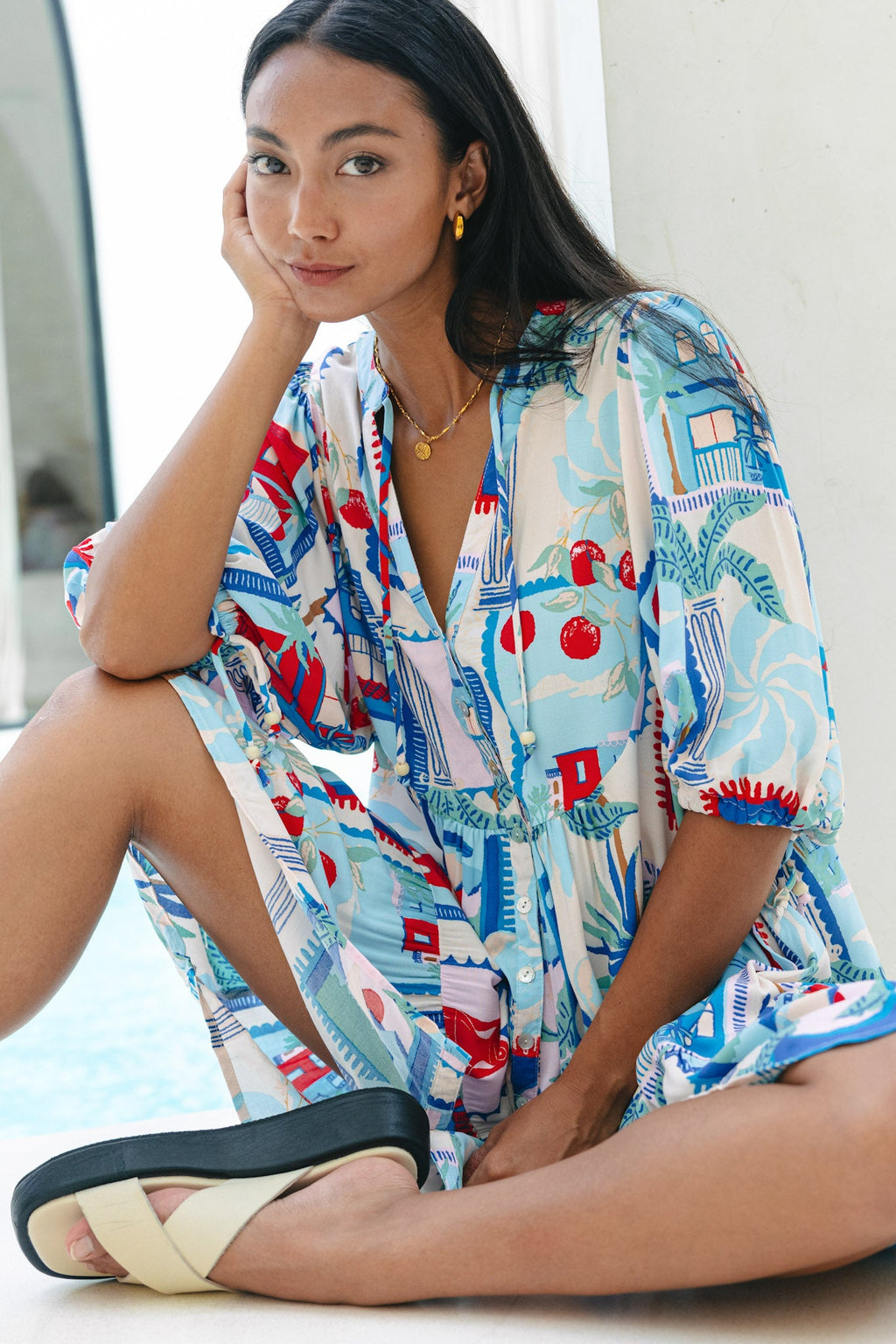Blue Tropical Button Down Mini Dress