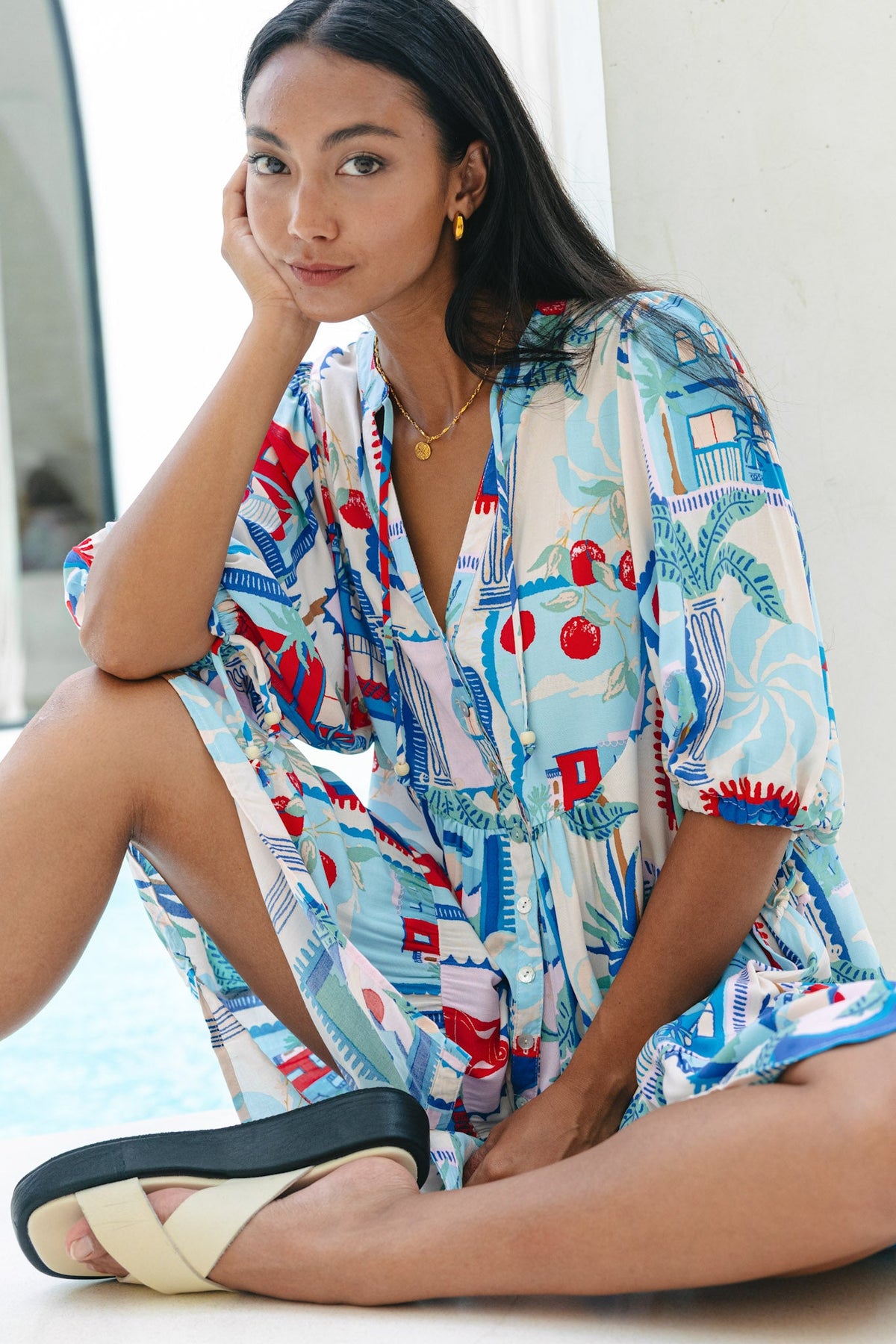 Blue Tropical Button Down Mini Dress