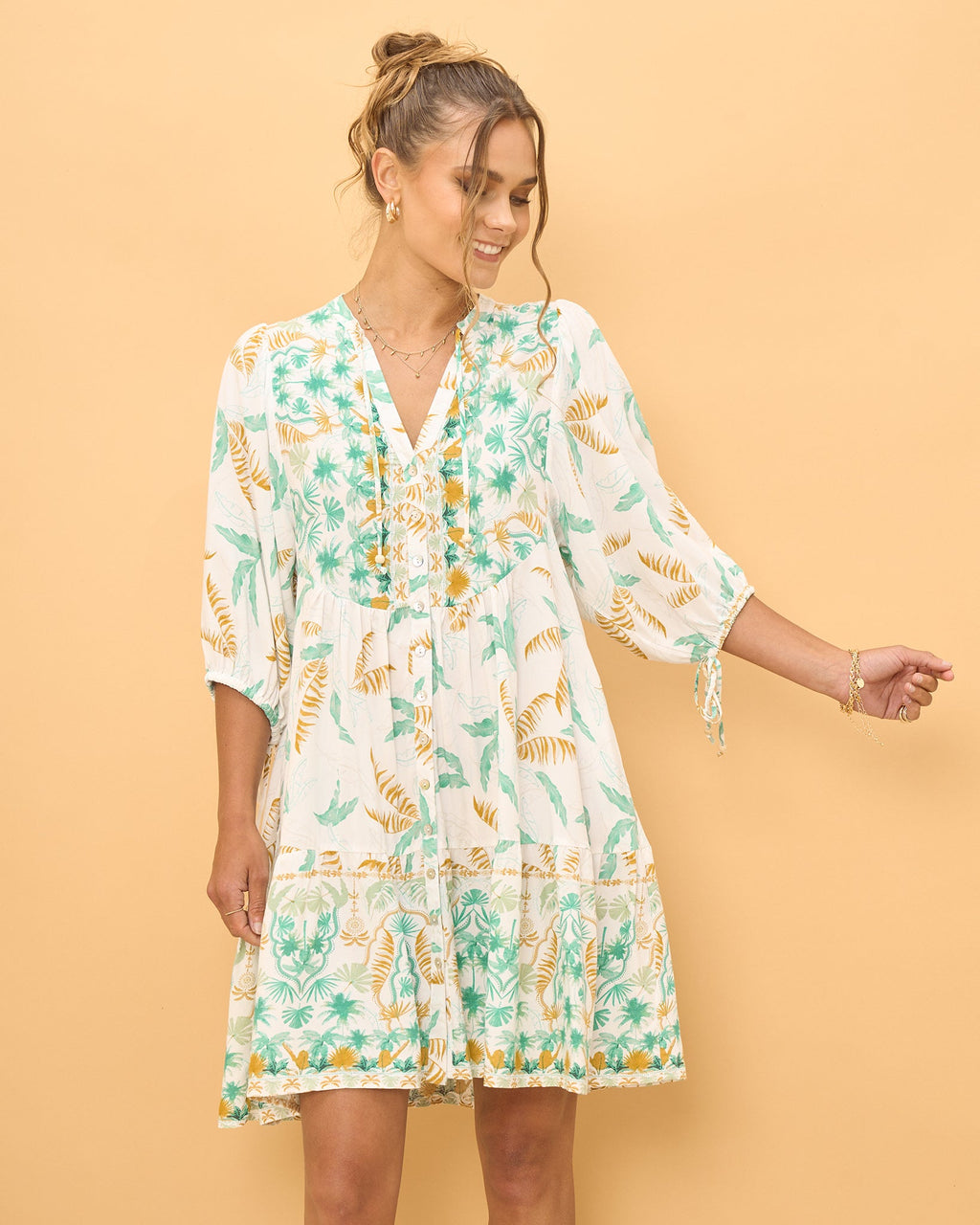 Wisteria Blue Floral Boho Button Down Mini Dress