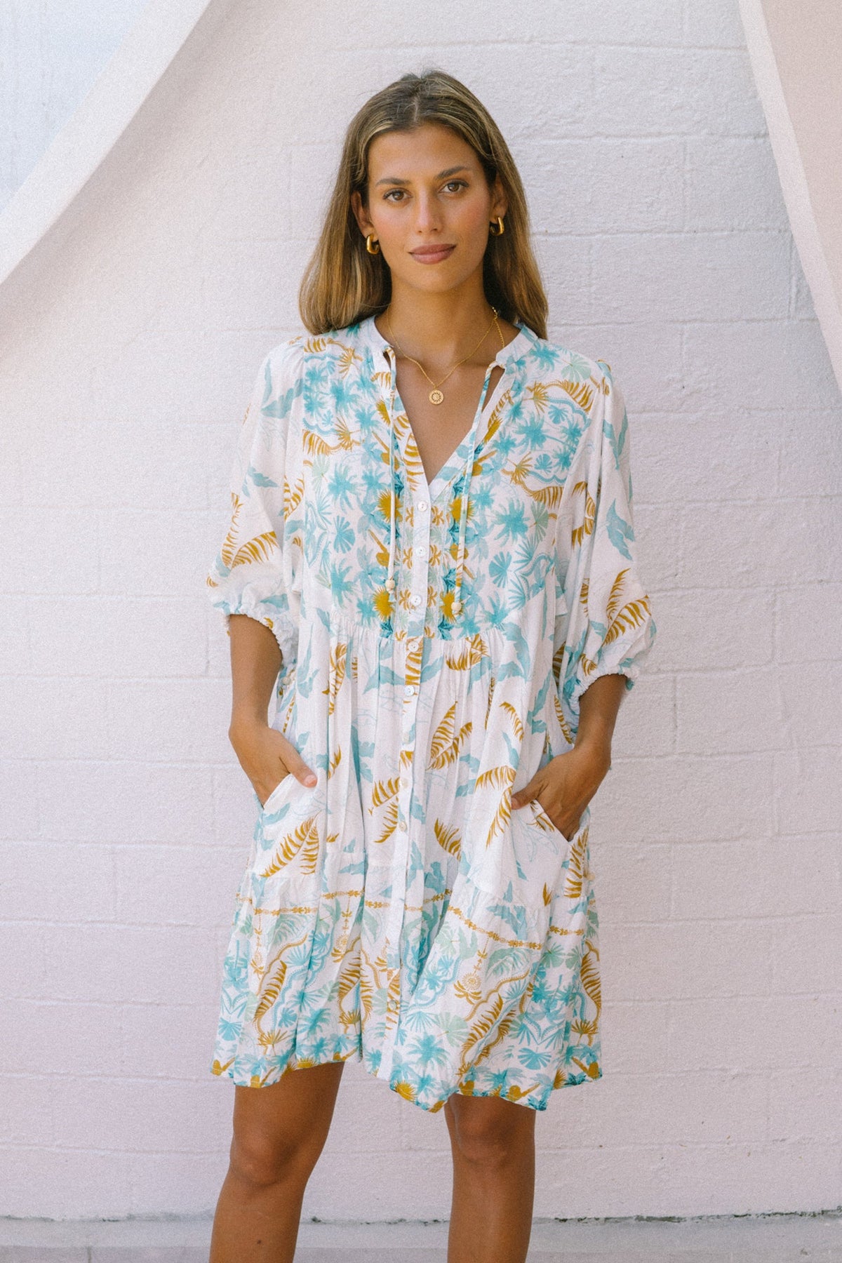 Wisteria Blue Floral Boho Button Down Mini Dress