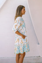 Wisteria Blue Floral Boho Button Down Mini Dress