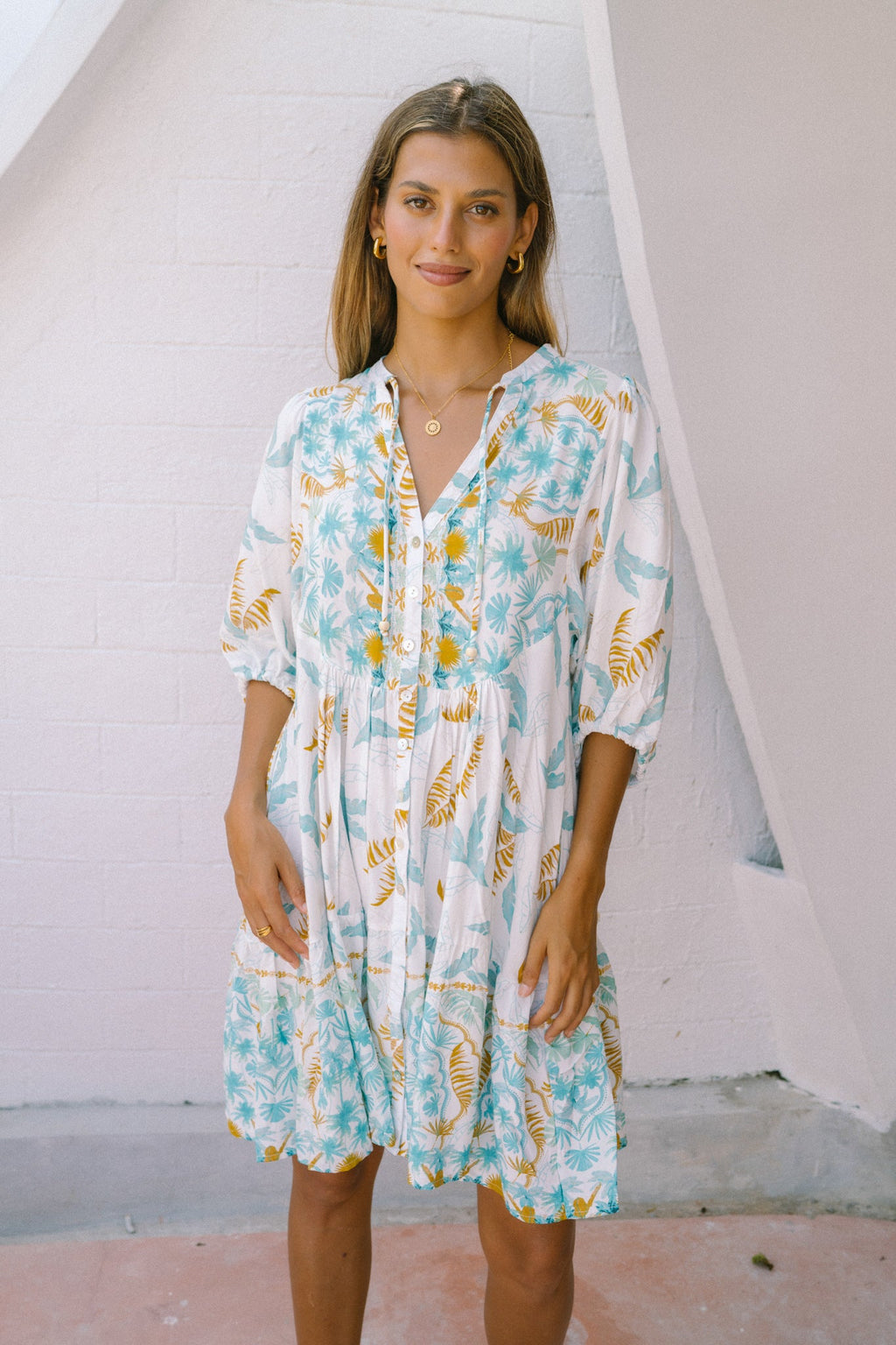 Wisteria Blue Floral Boho Button Down Mini Dress