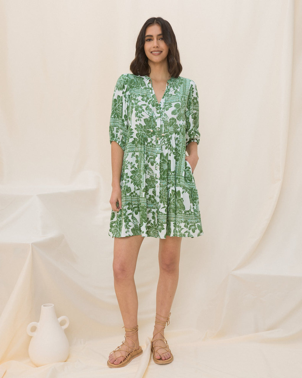 Green Floral Button Down Mini Dress