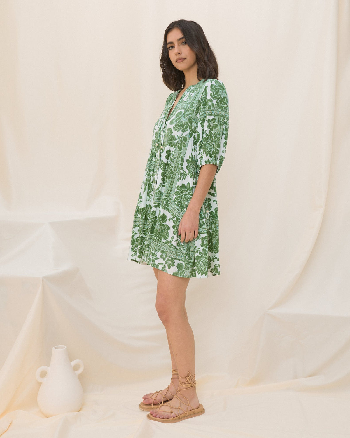 Green Floral Button Down Mini Dress