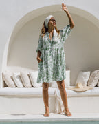 Green Tropical Floral Button Down Mini Dress