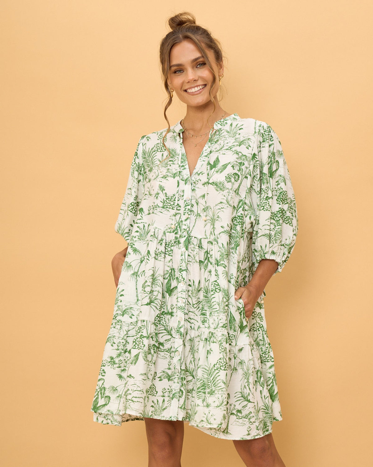 Green Tropical Floral Button Down Mini Dress