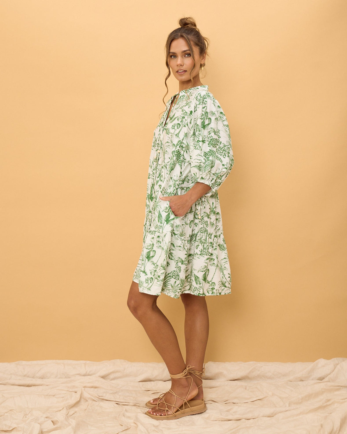 Green Tropical Floral Button Down Mini Dress