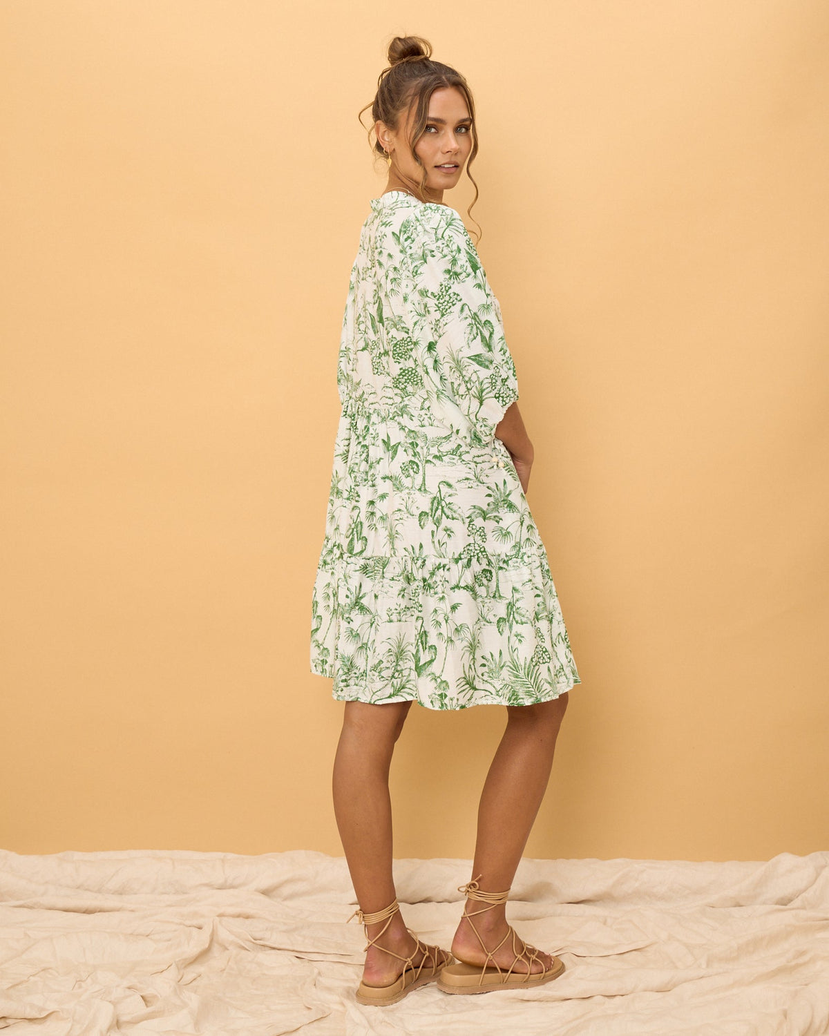 Green Tropical Floral Button Down Mini Dress