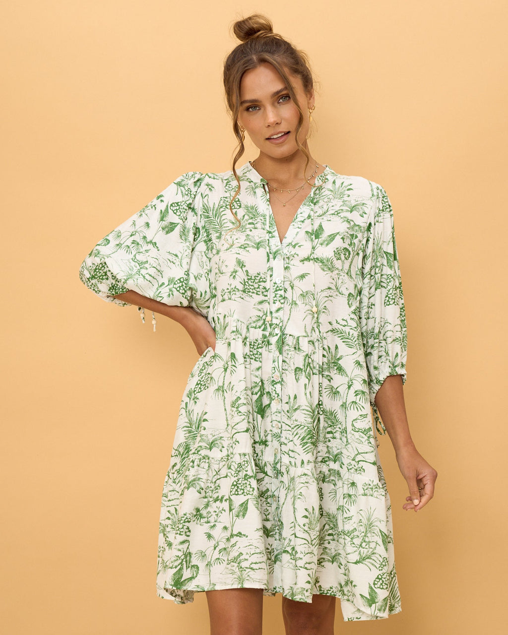 Green Tropical Floral Button Down Mini Dress