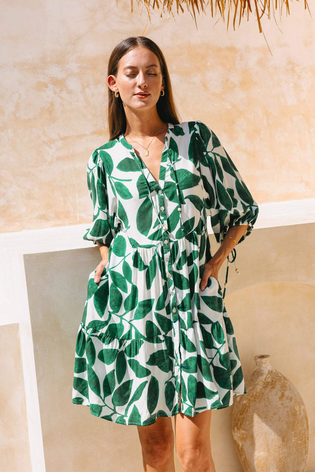 Green Tropical Button Down Mini Dress