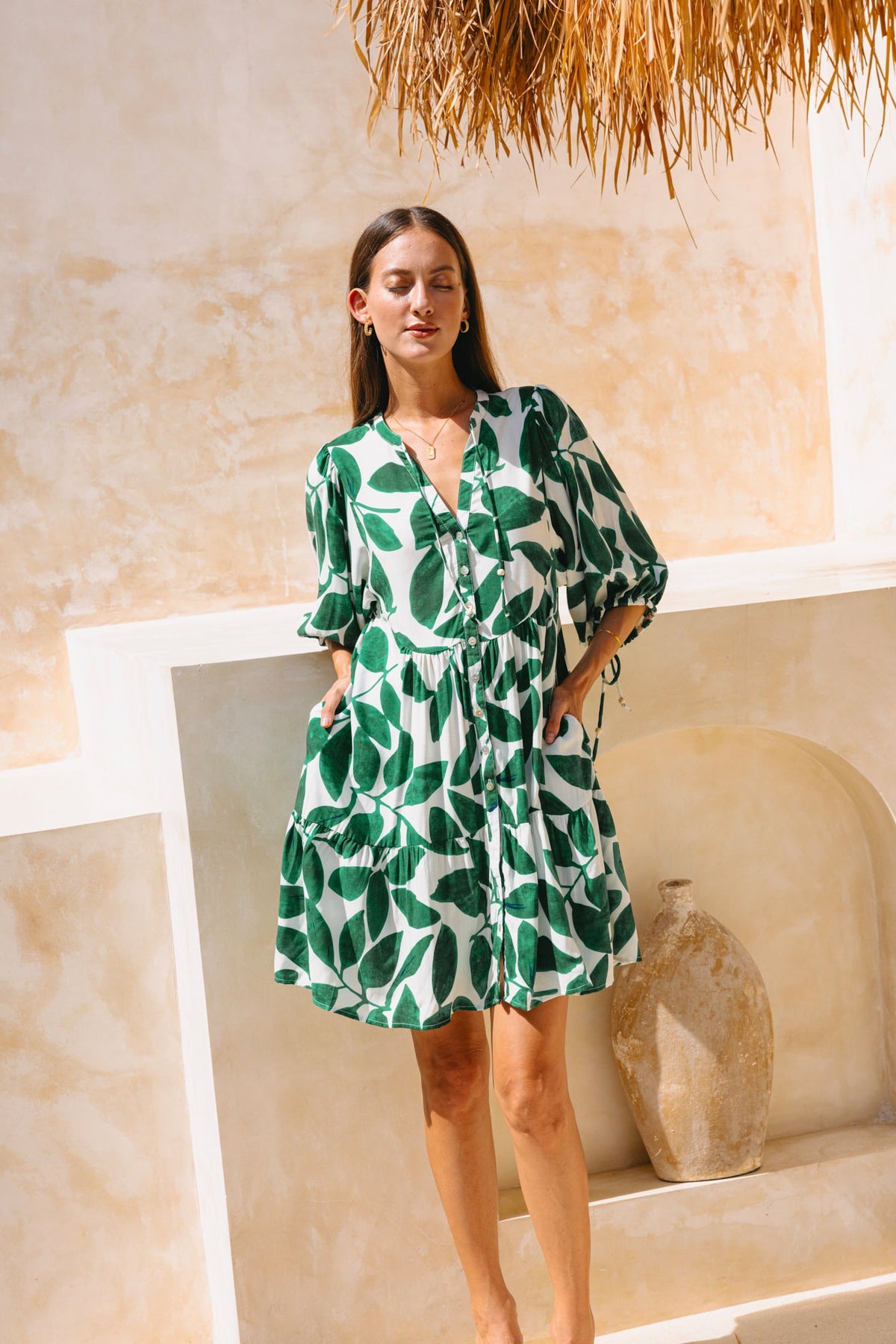 Green Tropical Button Down Mini Dress