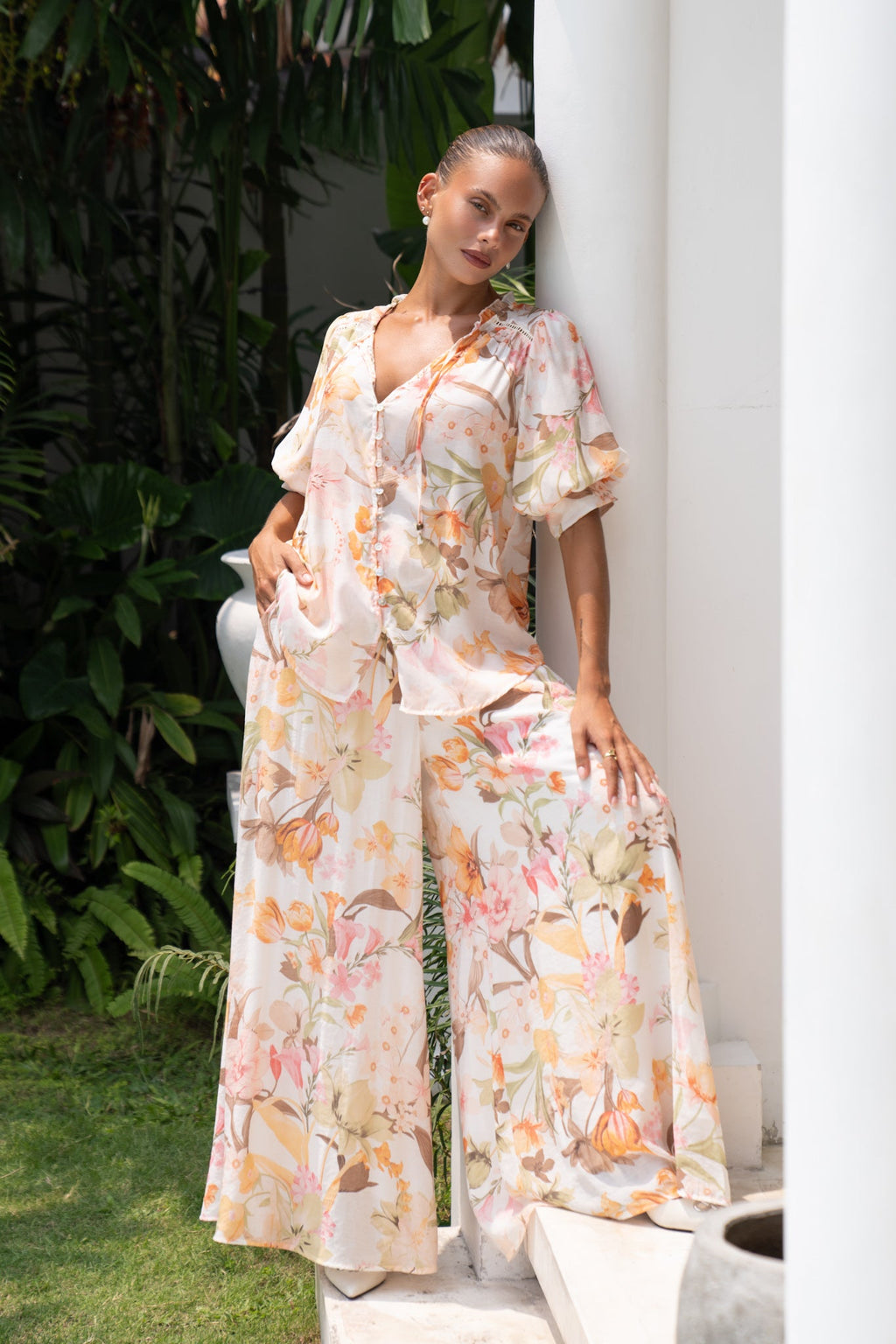 Orange Floral Puff Sleeve Top