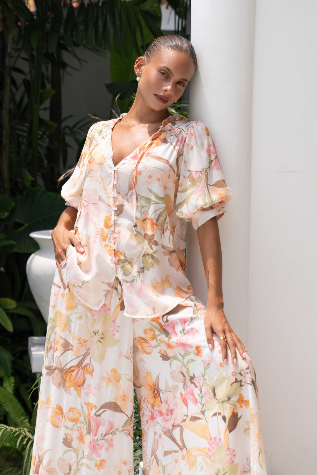 Orange Floral Puff Sleeve Top