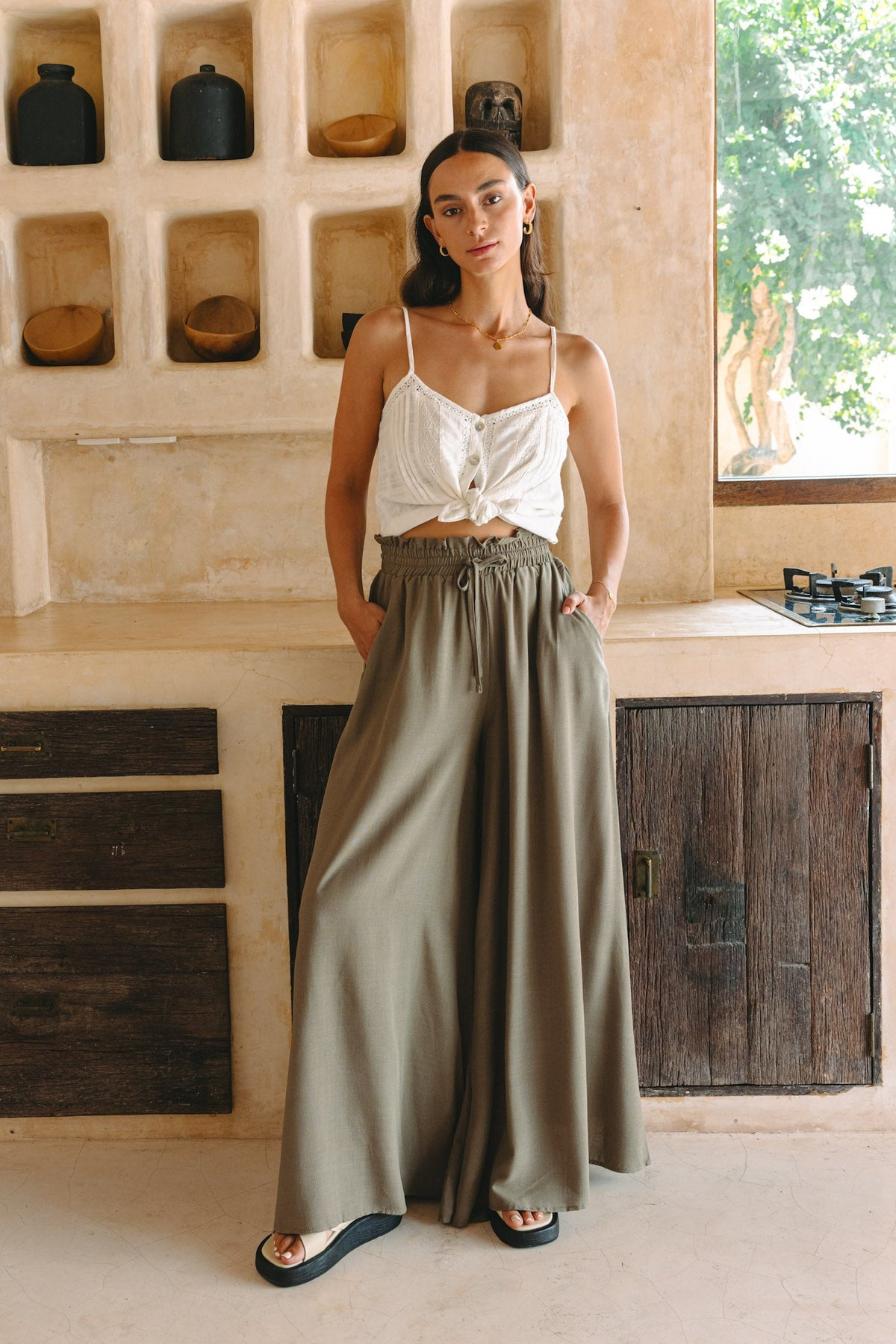 Khaki Green Wide Leg Pants